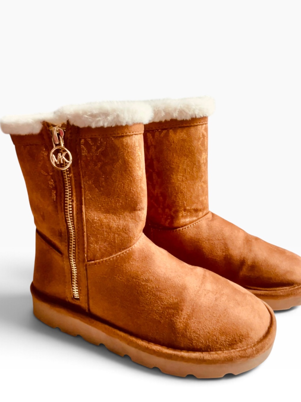 Michael Kors Kids Fur Trim Suede Winter Boot MK Monogram Zipper Brown Size 2